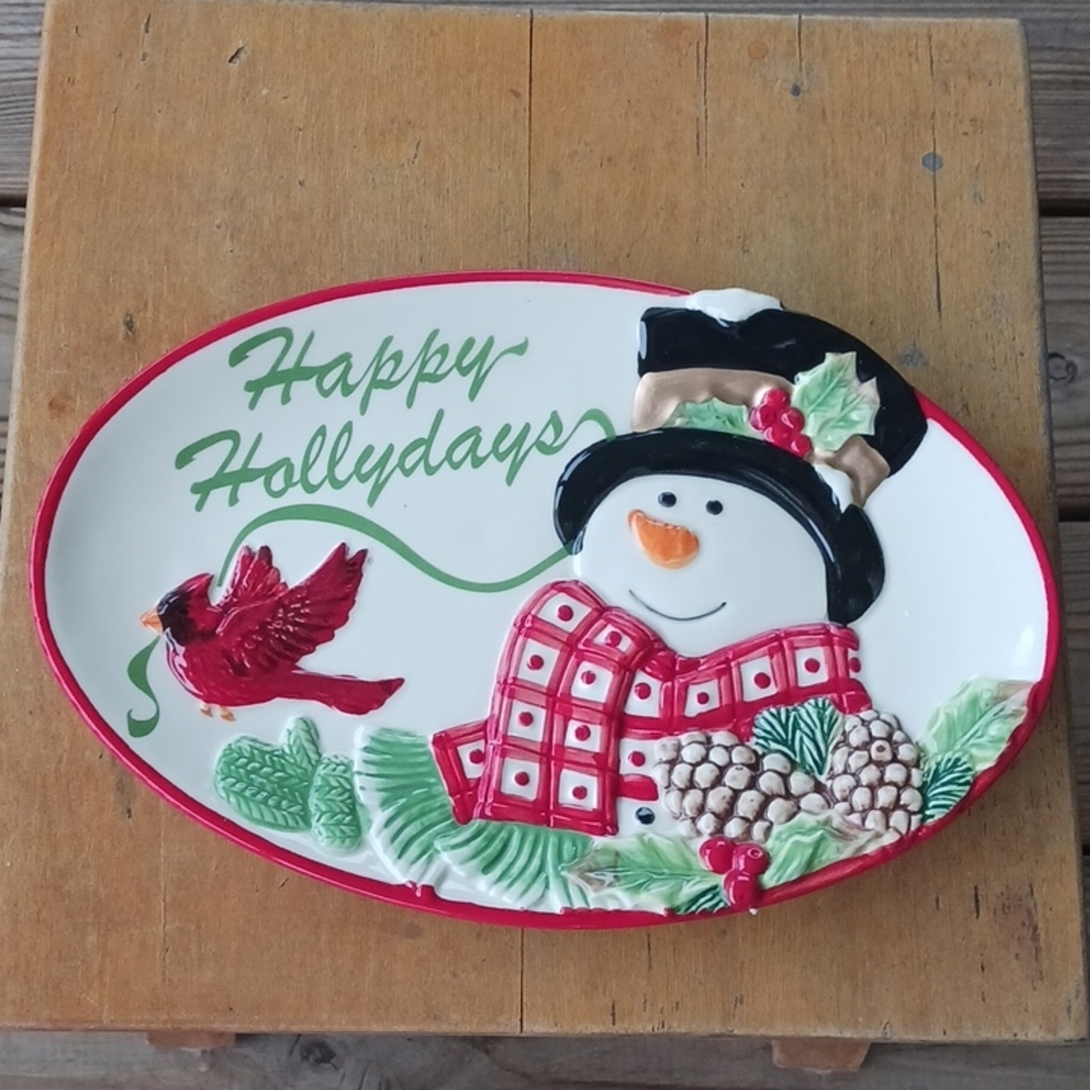 FITZ AND FLOYD Holly Berry Snowman tray